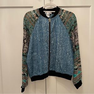 Blue Bomber Lightweight Jacket w/ Sheer Patterned Sleeves - Size Large
